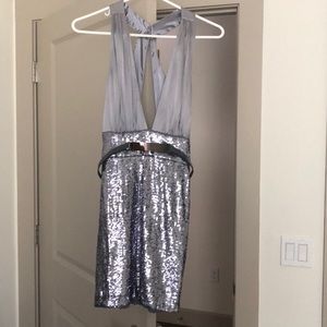 Bebe Silver satin and sequin cocktail dress
